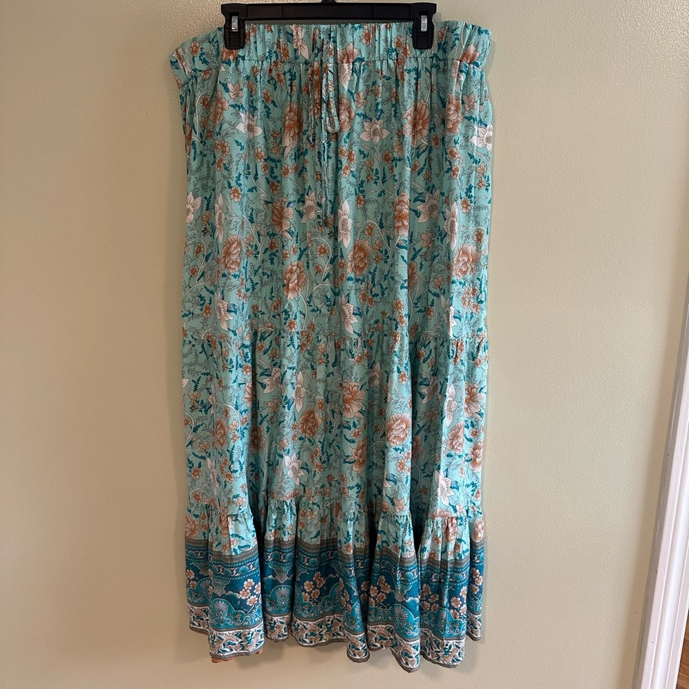 Simplee Apparel Floral Maxi Skirt - Teal and Beige